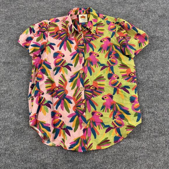 Farm Rio Top Womens Small Bird Printed Shirt Colorful Linen Tropical Boho Chic - Picture 6 of 16